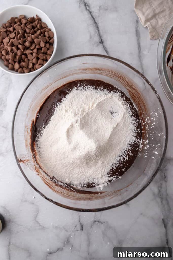 Mastering the World's Best Fudgy Brownies 12 chocolate mixture with flour in a bowl