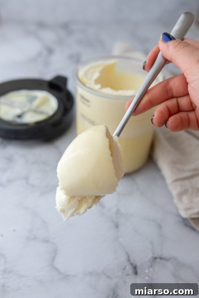 Ninja Creami protein ice cream with protein powder scooped into a bowl