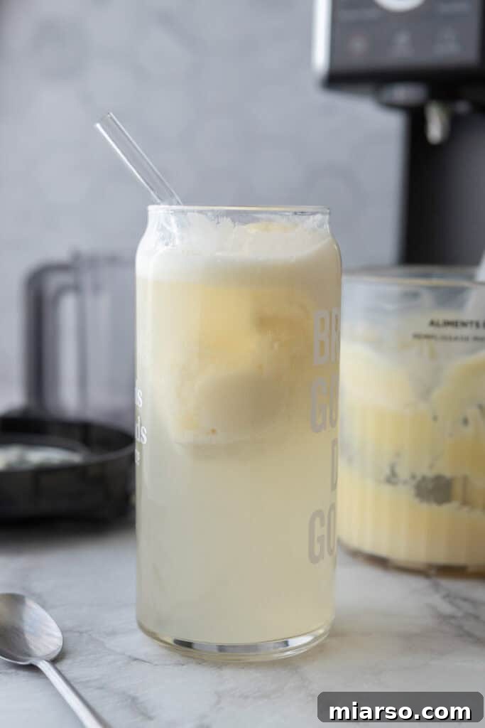 High protein ice cream float in a tall glass