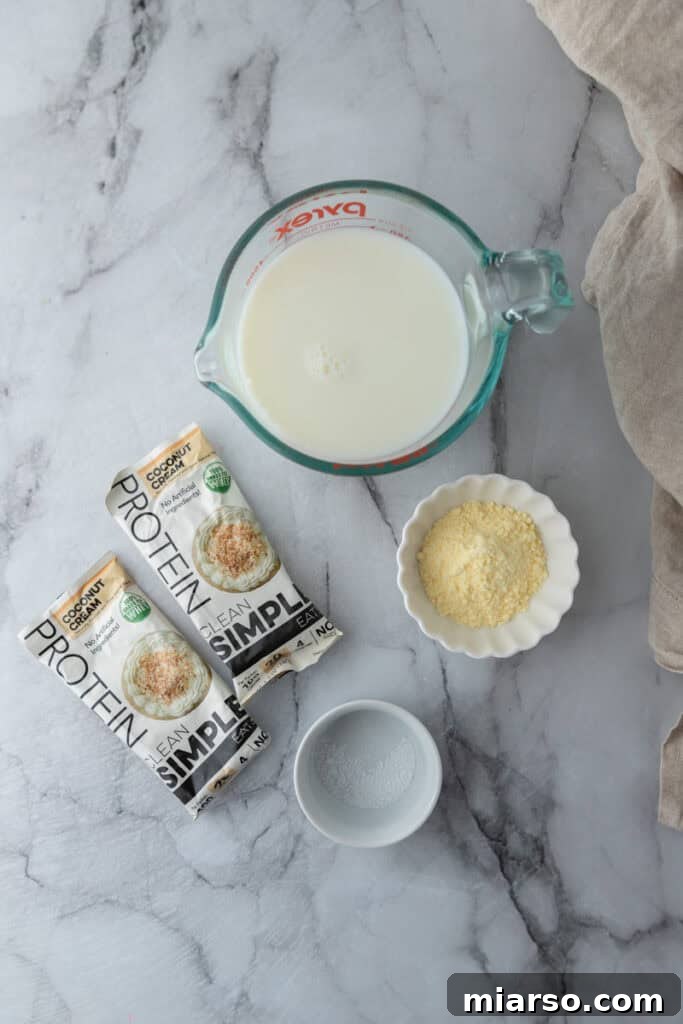 Ingredients for Ninja Creami protein ice cream laid out on a kitchen counter