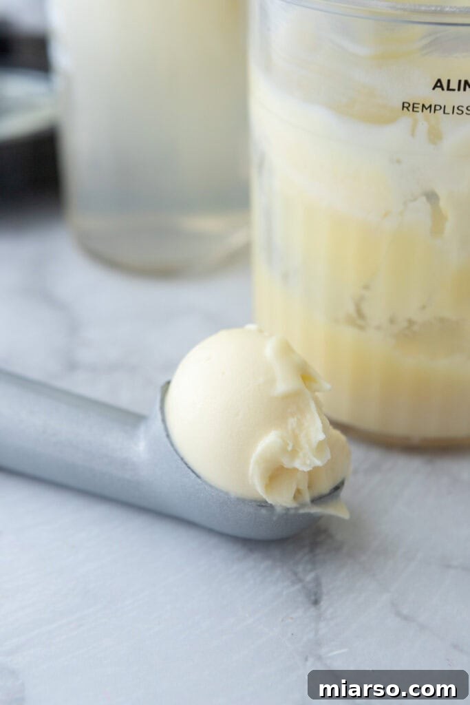 Scoop of high protein ice cream with protein powder in a bowl on a counter