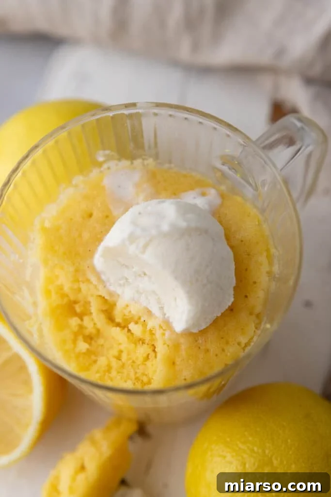 Lemon Mug Cake Recipe overhead shot