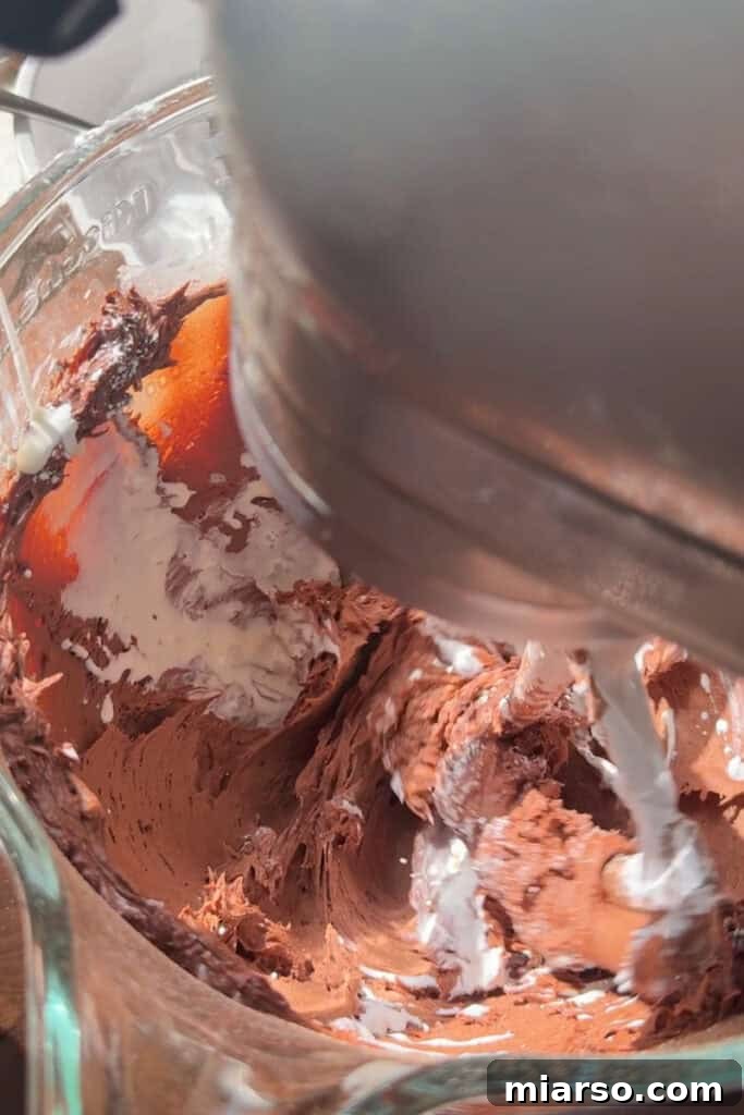The chocolate buttercream is nearing completion in the mixing bowl.