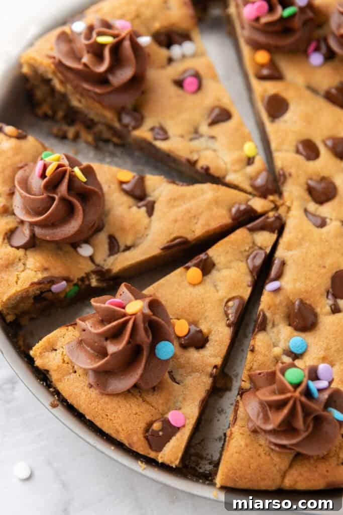 The Ultimate Homemade Chocolate Chip Cookie Cake 14 Close-up overhead shot of a perfectly baked chocolate chip cookie cake