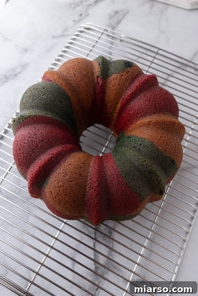 Showstopping Stars and Stripes Bundt Cake 16 baked batter on a cooling rack