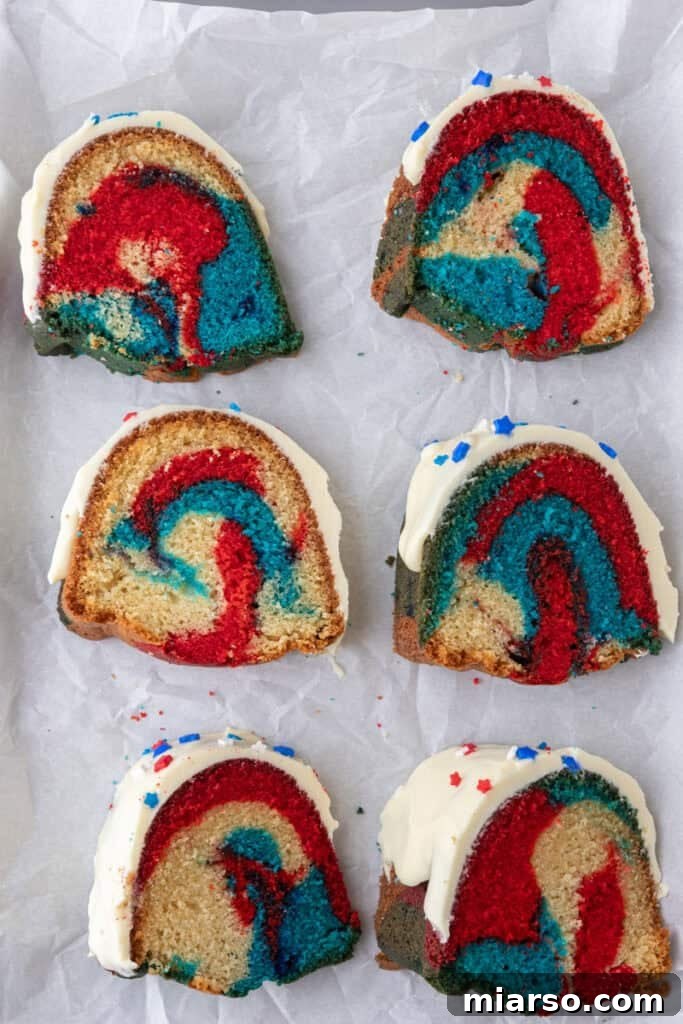 Showstopping Stars and Stripes Bundt Cake 4 red white and blue bundt cake recipe slices overhead shot