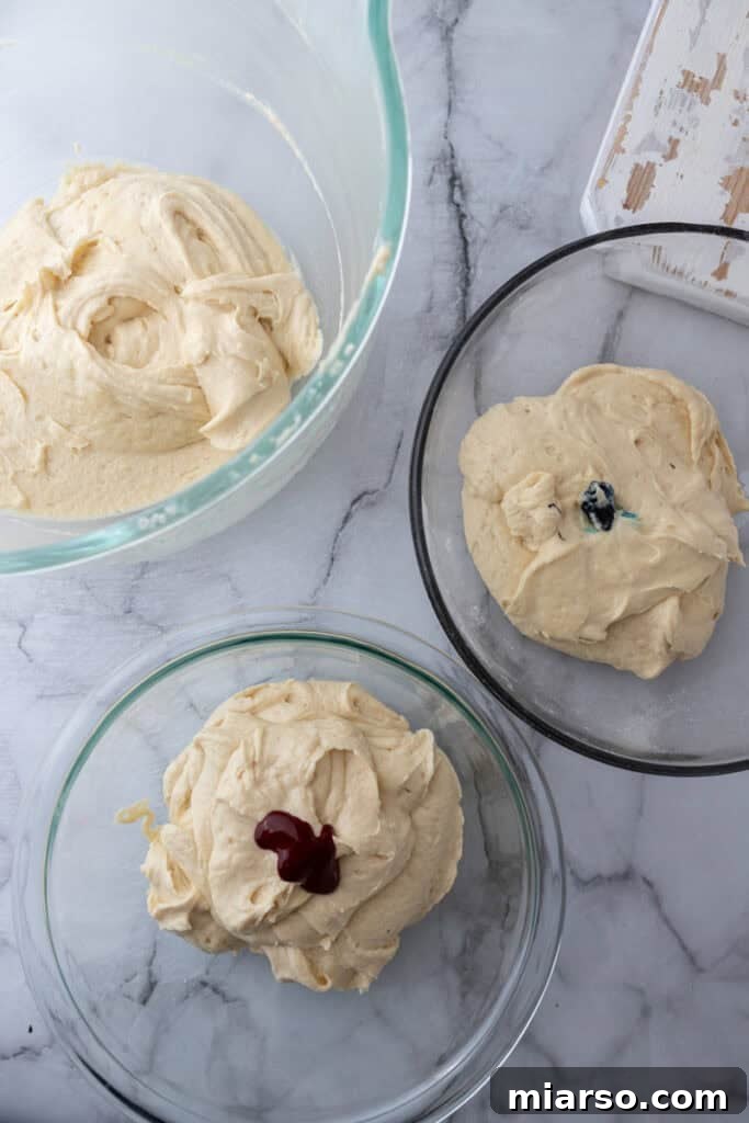 Showstopping Stars and Stripes Bundt Cake 10 batter in three bowls