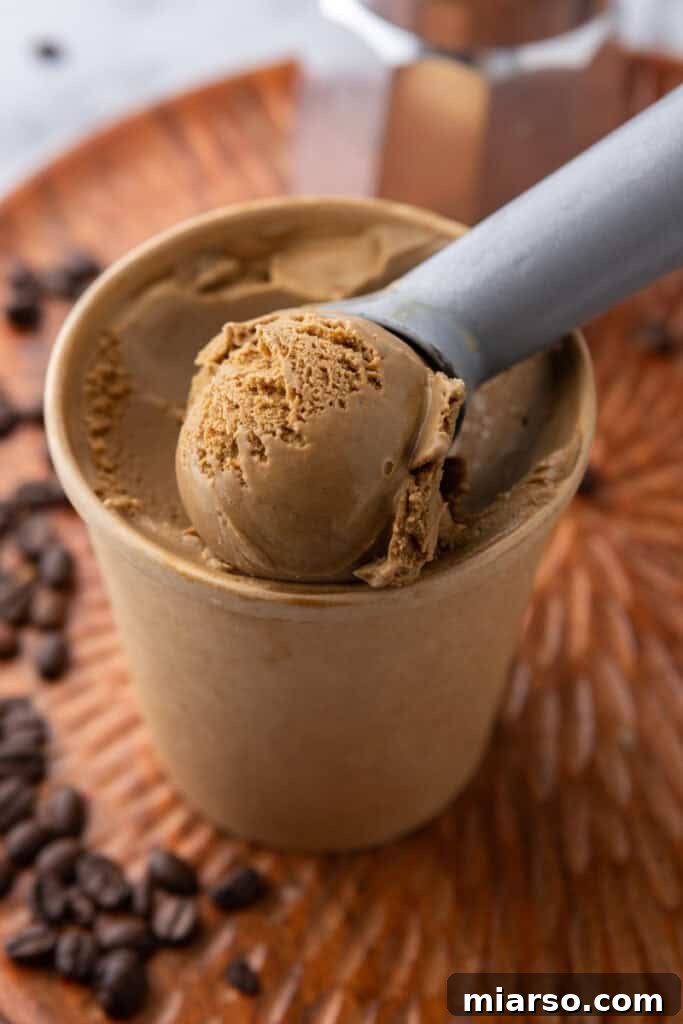 Espresso coffee ice cream recipe in a cup getting scooped, showcasing its creamy texture