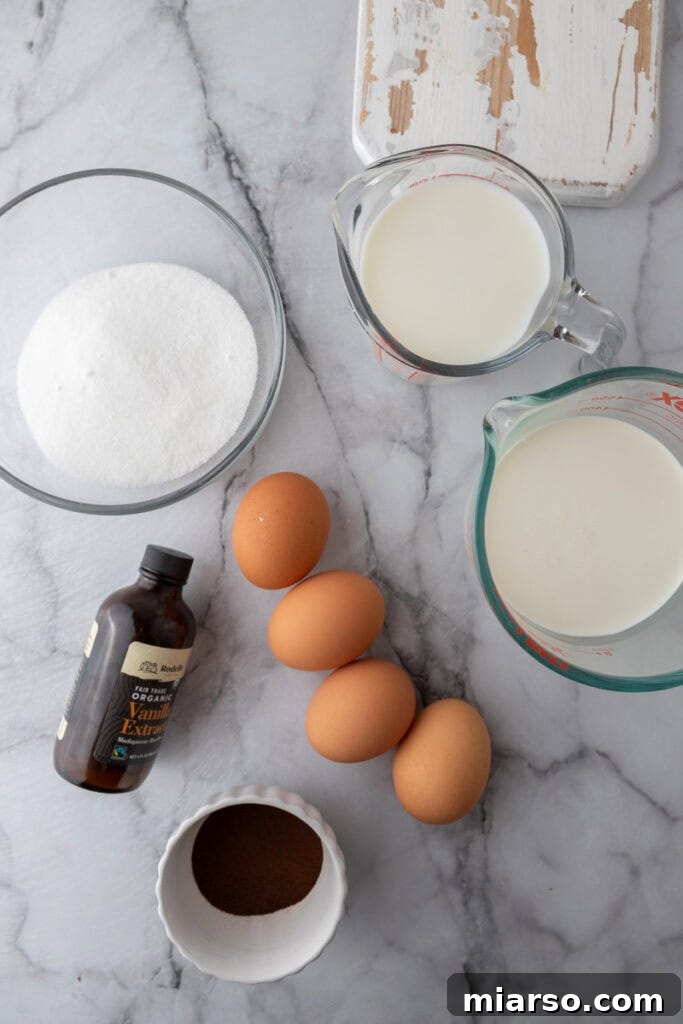 A flat lay shot showing the ingredients for espresso coffee ice cream recipe