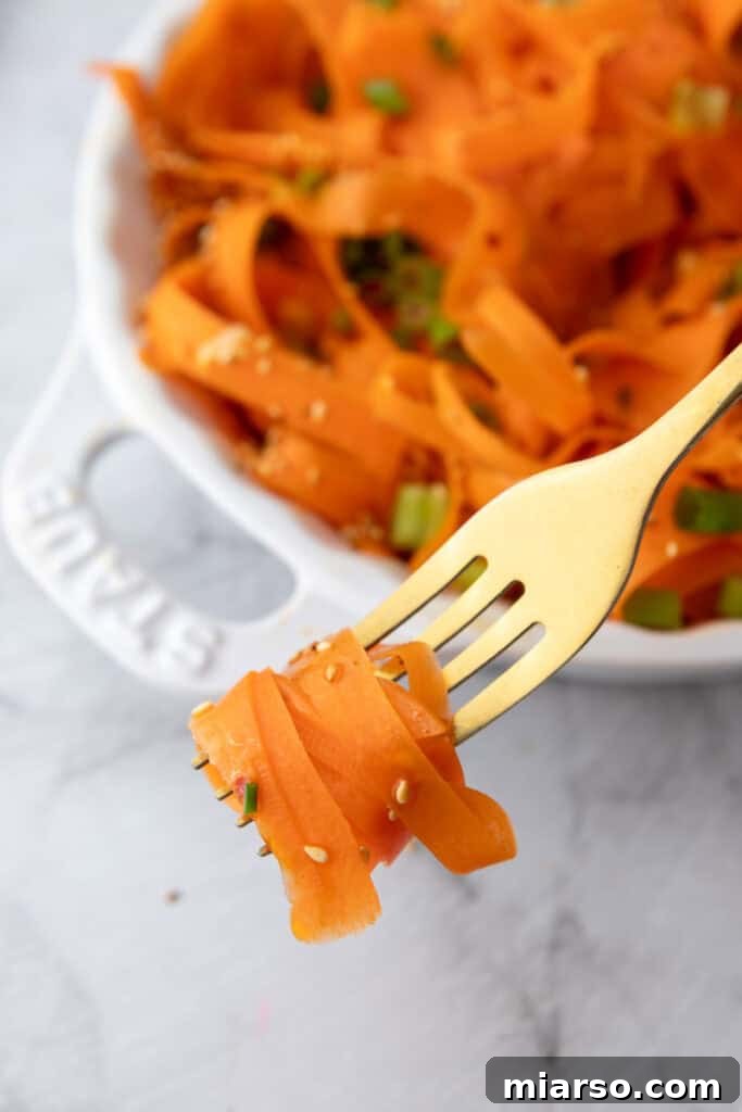A close-up of the delicious Carrot Ribbon Salad being served, highlighting its fresh and wholesome ingredients.