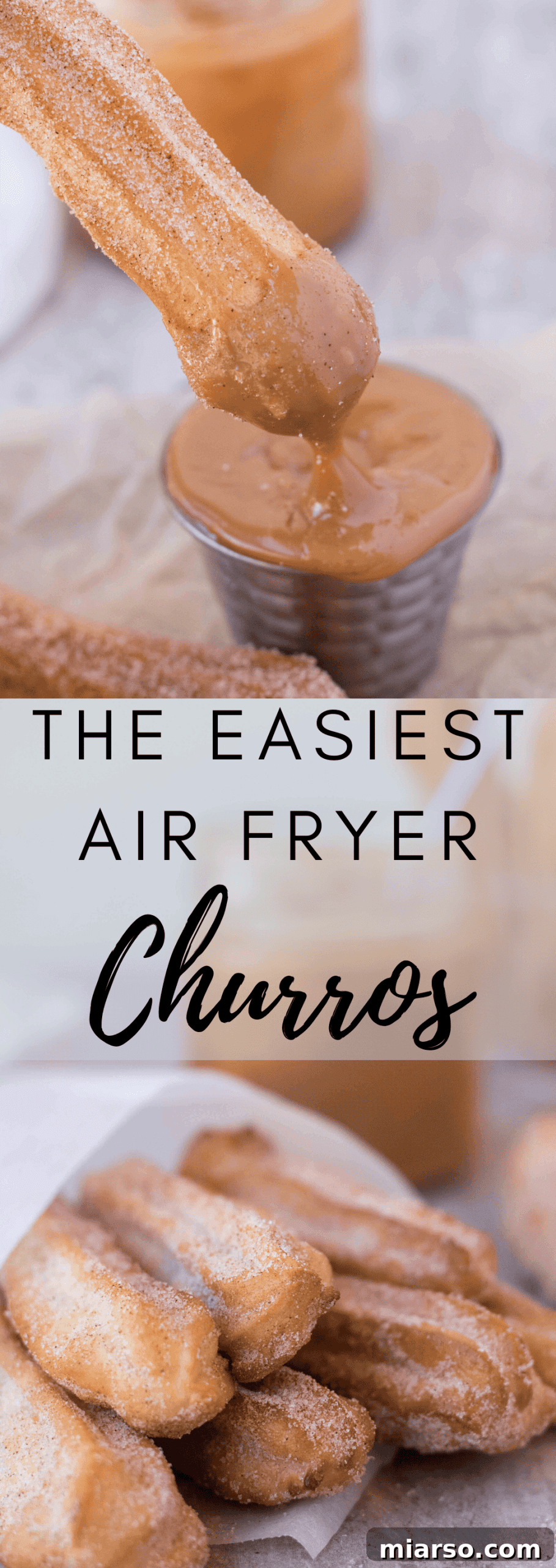 Pinterest pin for Air Fryer Churros recipe with cinnamon sugar.