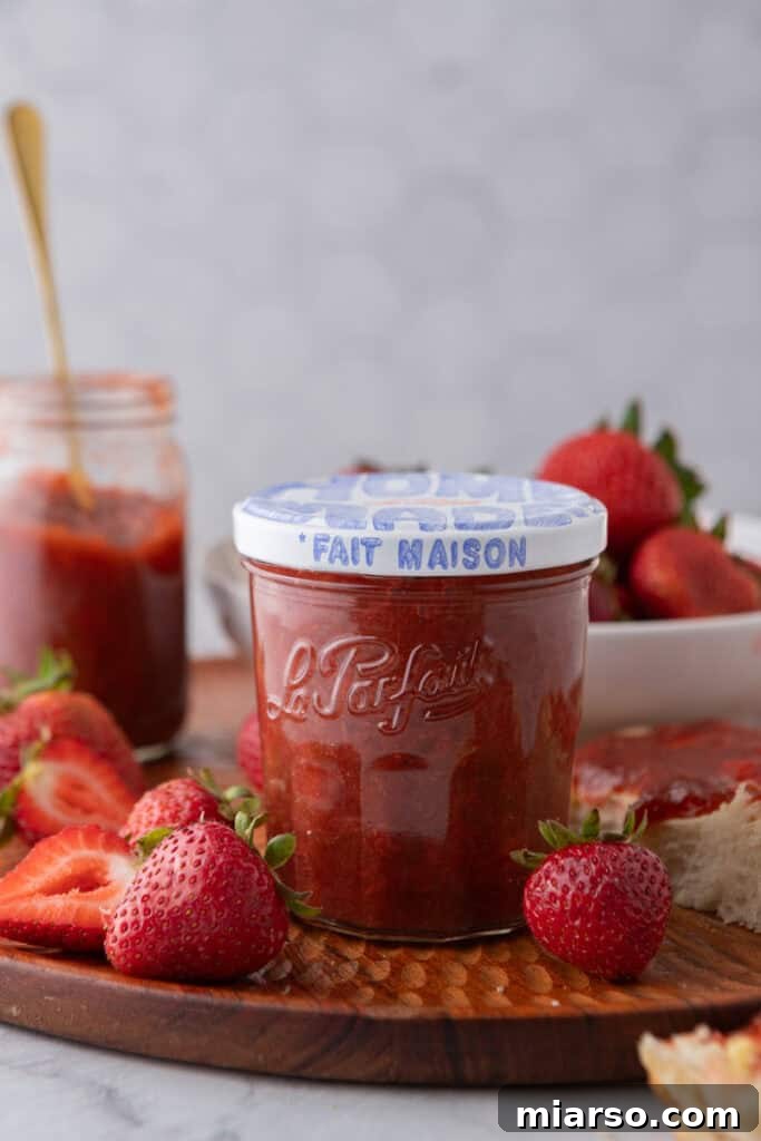 strawberry rhubarb jam recipe in a jar