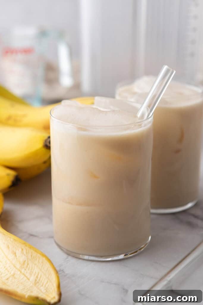 A refreshing glass of homemade Korean Banana Milk with ice