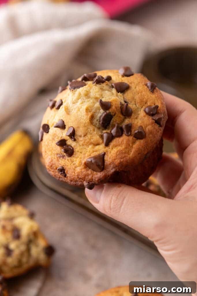 Banana Chocolate Chip Muffins held up by a hand