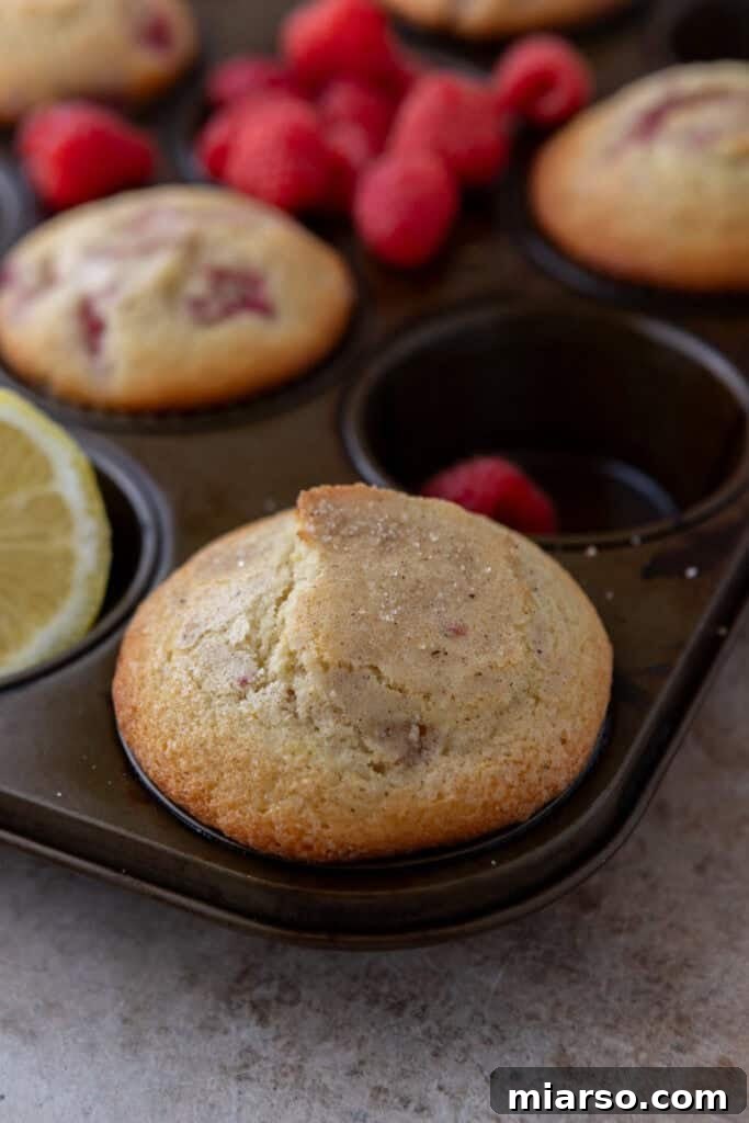 Golden-brown muffins with raspberries visible, resting on a wire rack to cool.