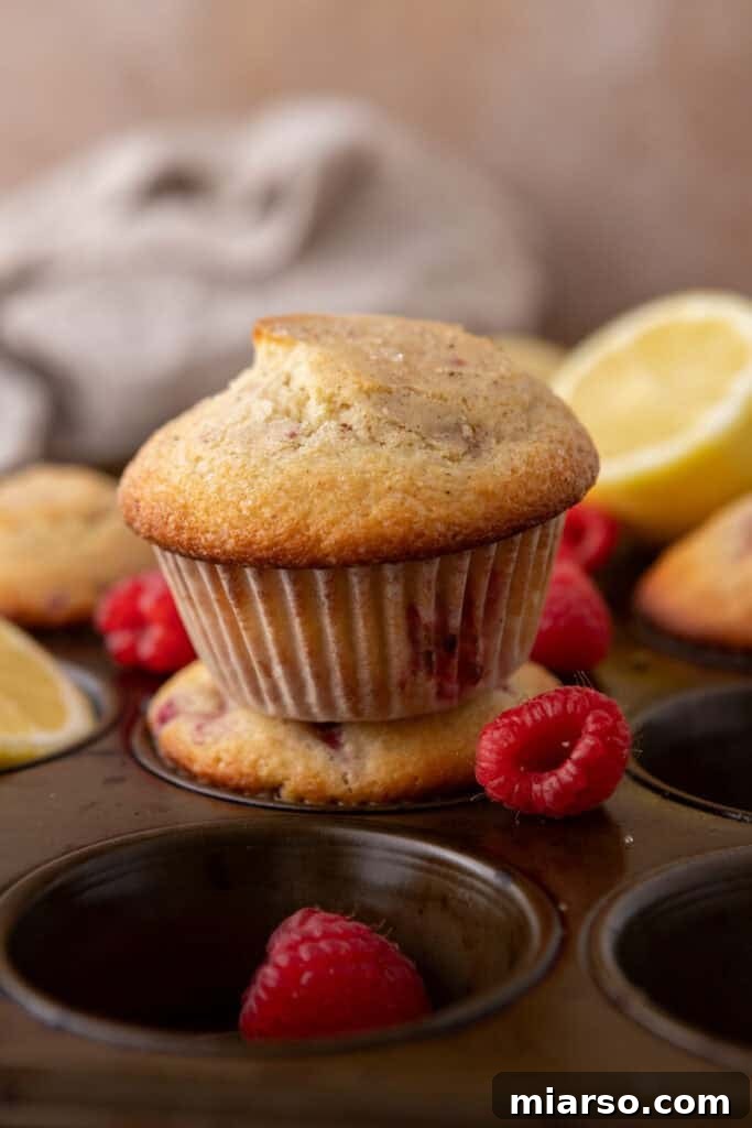 A close-up shot of a single perfectly baked raspberry lemon muffin.