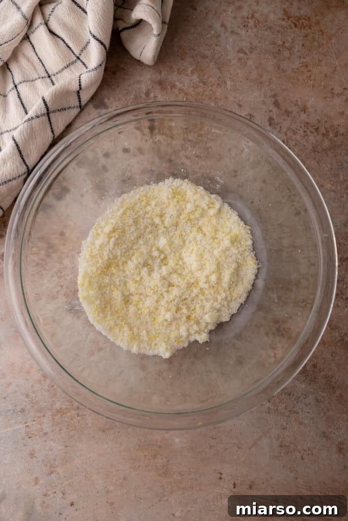 Dry ingredients in a mixing bowl after being combined.