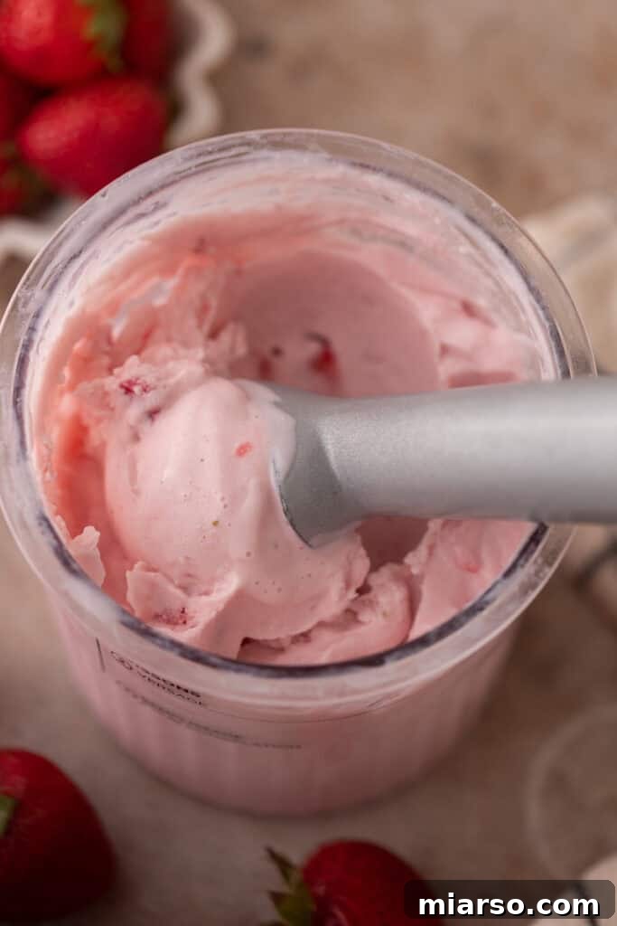 Ninja Creami Pint with 
Strawberry cottage cheese ice cream scoop