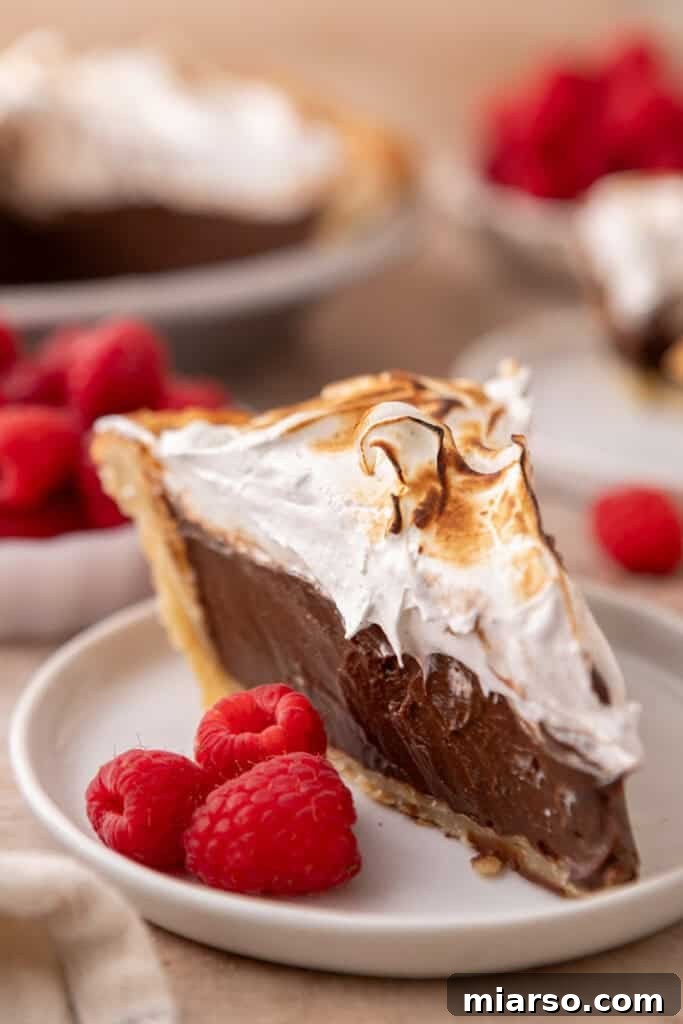 Mastering Chocolate Meringue Pie 2 chocolate meringue pie slice overhead shot