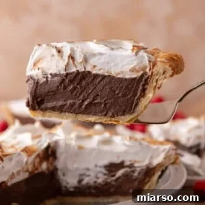 Mastering Chocolate Meringue Pie 25 chocolate meringue pie slice on a serving spatula