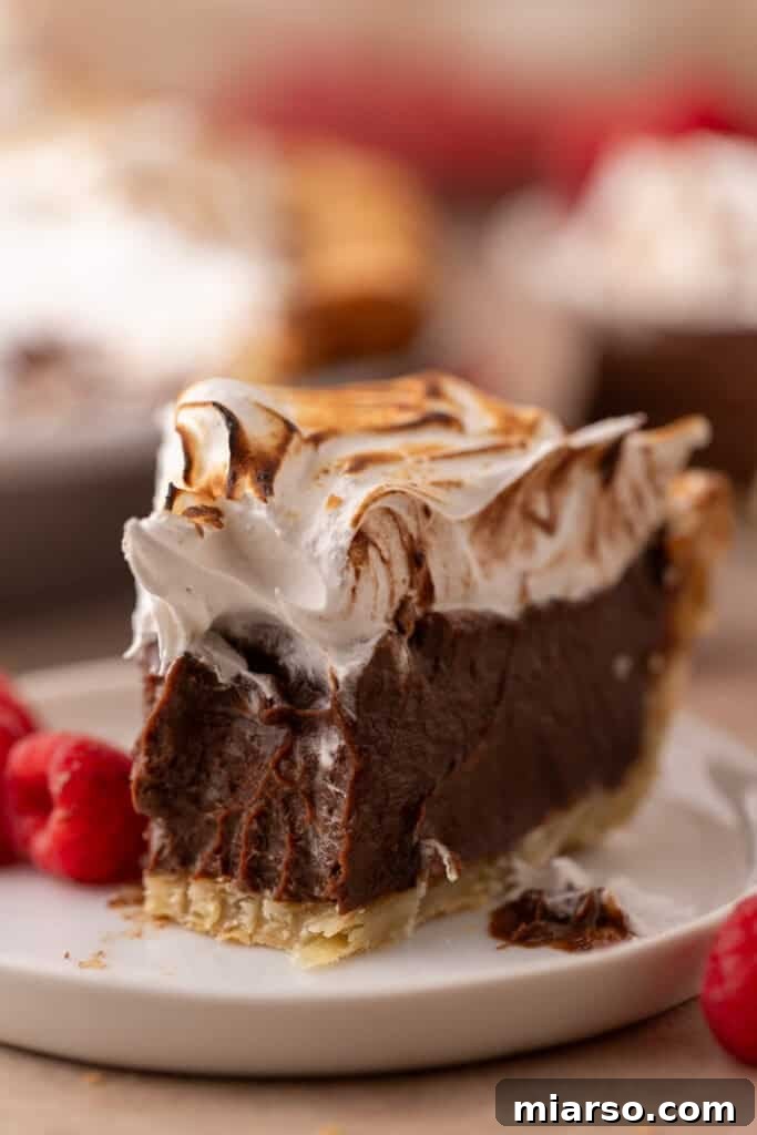 Mastering Chocolate Meringue Pie 4 chocolate meringue pie slice recipe with a bite taken out