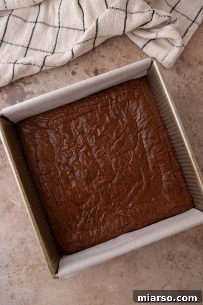 Baked brownie in pan, cooling
