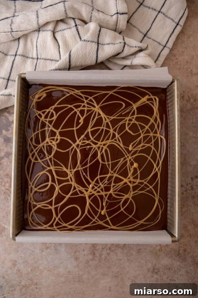 Smooth chocolate topping on Buckeye Brownies