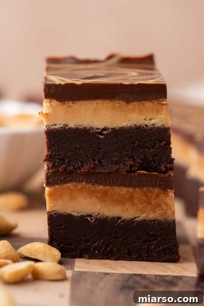 Three Buckeye Brownies stacked elegantly