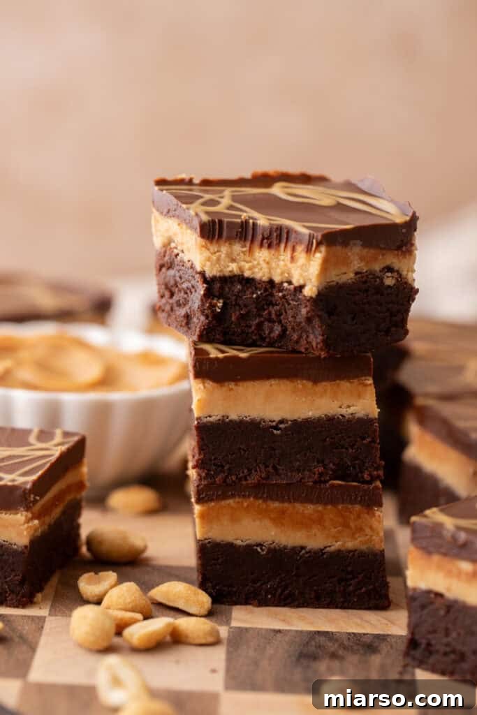 Stacked Buckeye Brownies showcasing the layers