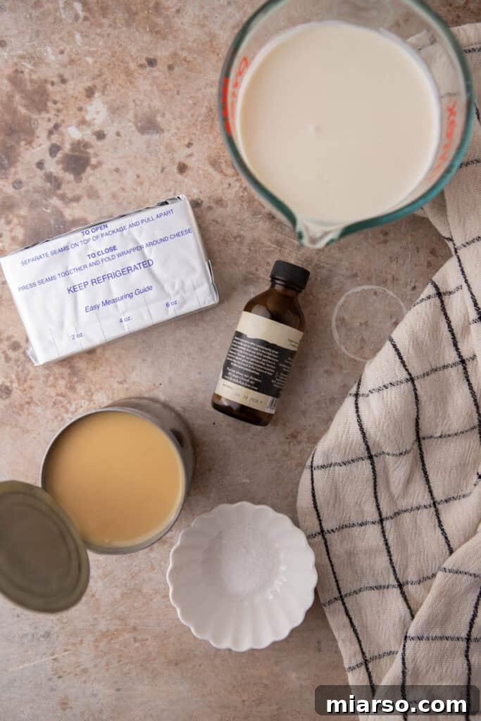 Essential ingredients laid out for No-Churn Cream Cheese Ice Cream