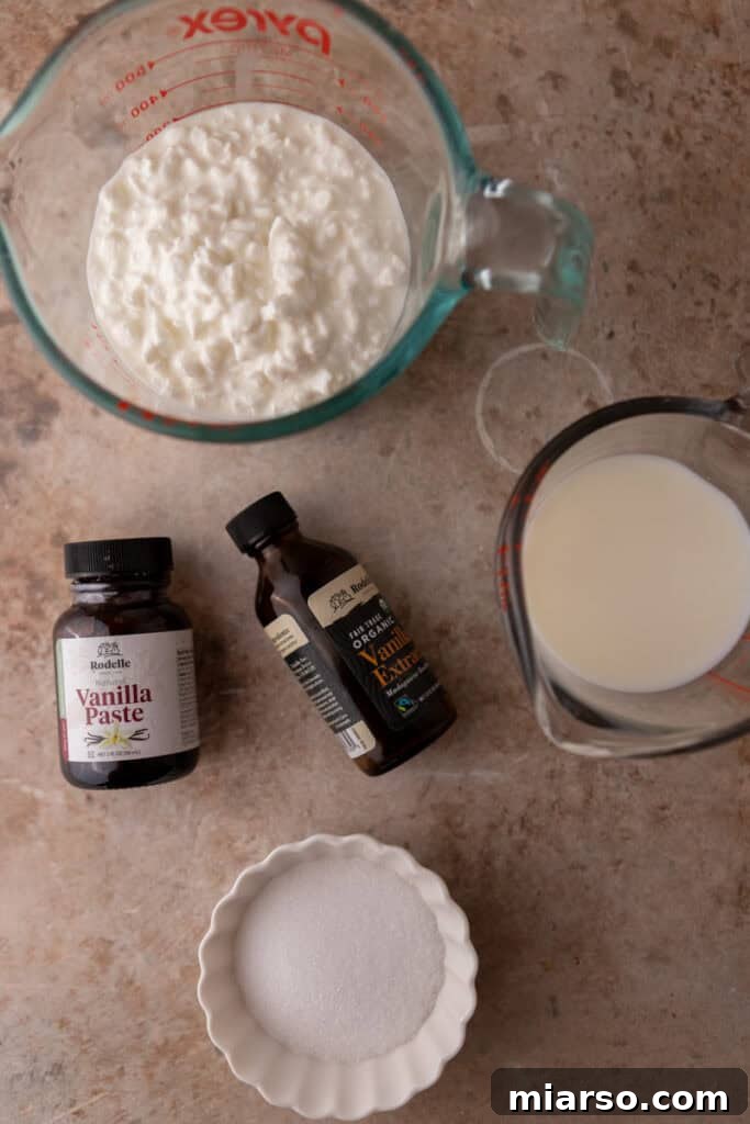 Essential ingredients for high-protein cottage cheese Ninja Creami ice cream laid out on a clean surface: cottage cheese, milk, vanilla extract, and sweetener.