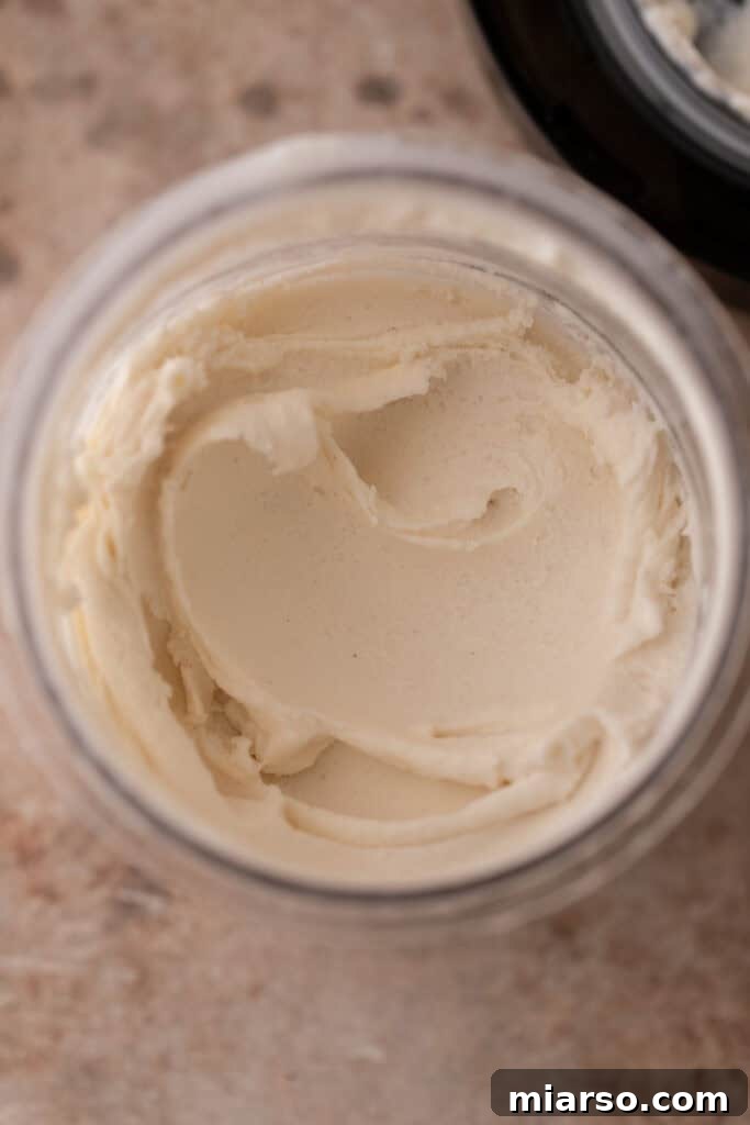 Close-up of the finished High-Protein Cottage Cheese Ninja Creami Ice Cream, showing its smooth and creamy texture.