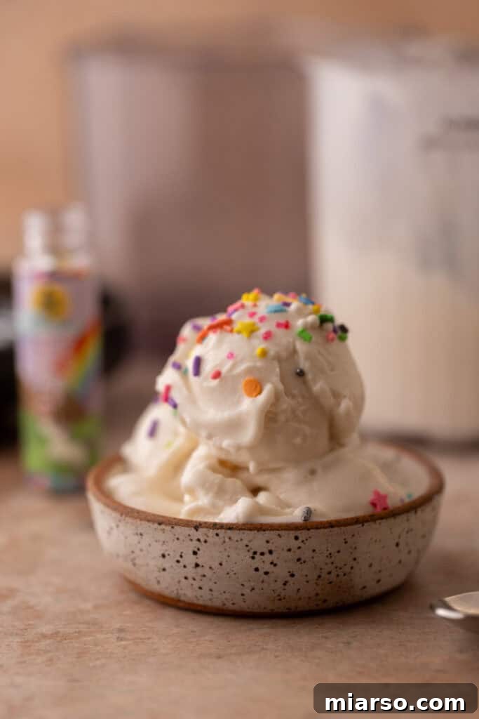 A perfectly scooped bowl of high-protein cottage cheese Ninja Creami ice cream, ready to be enjoyed as a healthy treat.