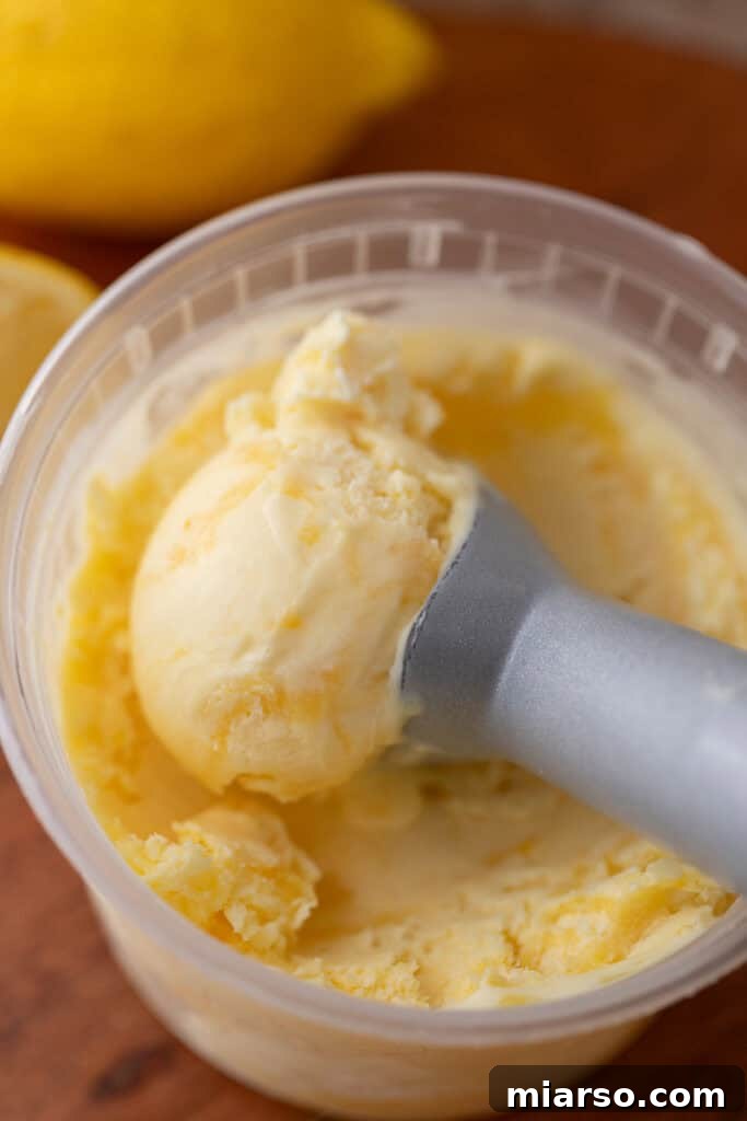 Refreshing homemade lemon ice cream, ready to be scooped and enjoyed.