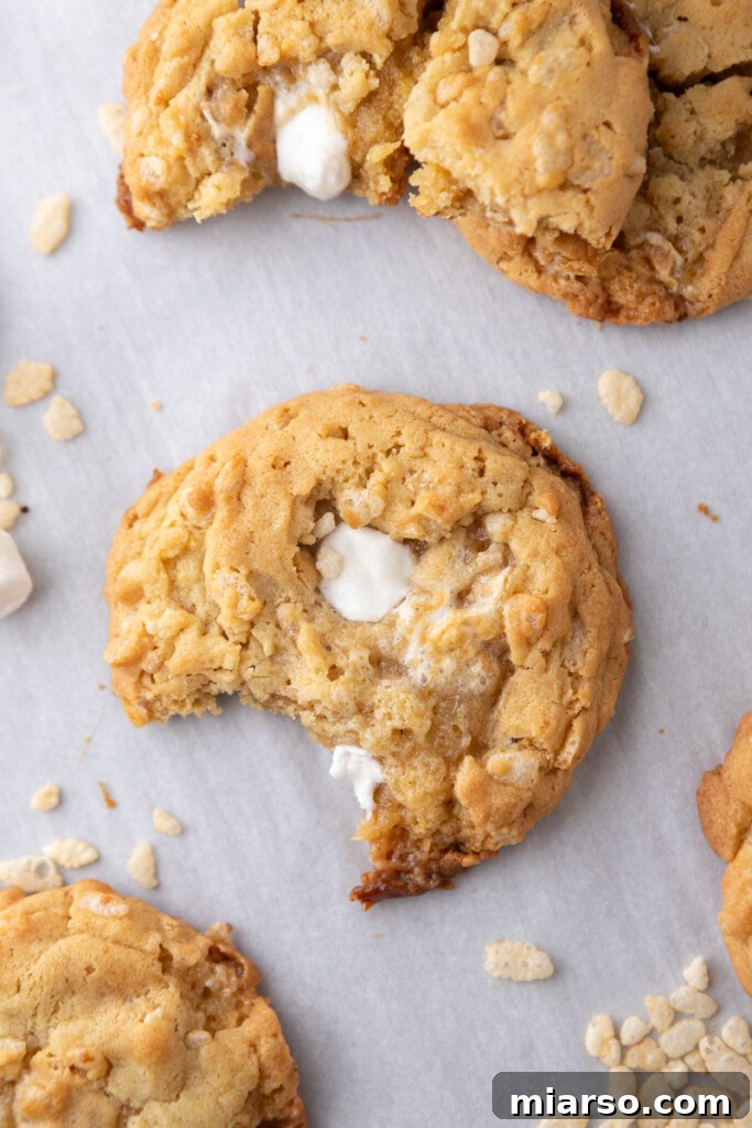 A close-up shot of a Costco Marshmallow Crispy Cookie, showing its fluffy marshmallow topping and crispy texture.