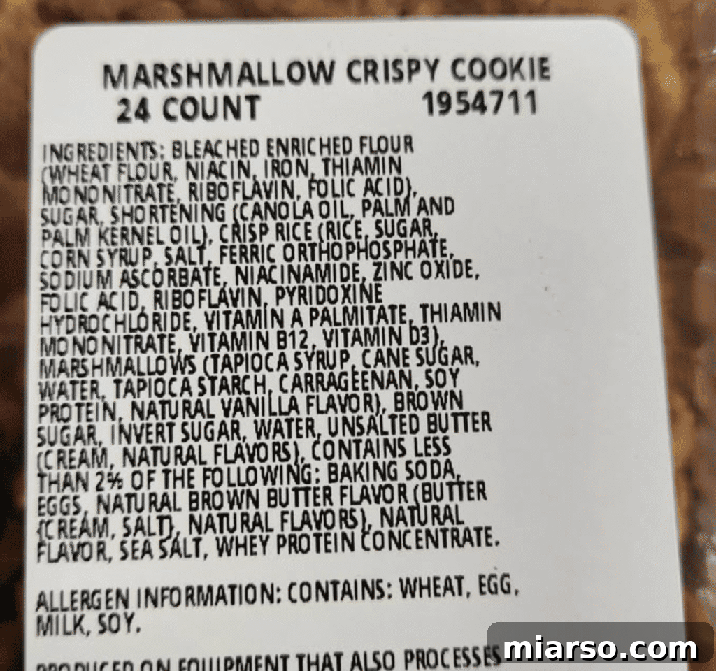 ingredient list from Costco Marshmallow Crispy Cookies, showing a label with various ingredients including shortening and butter flavoring.