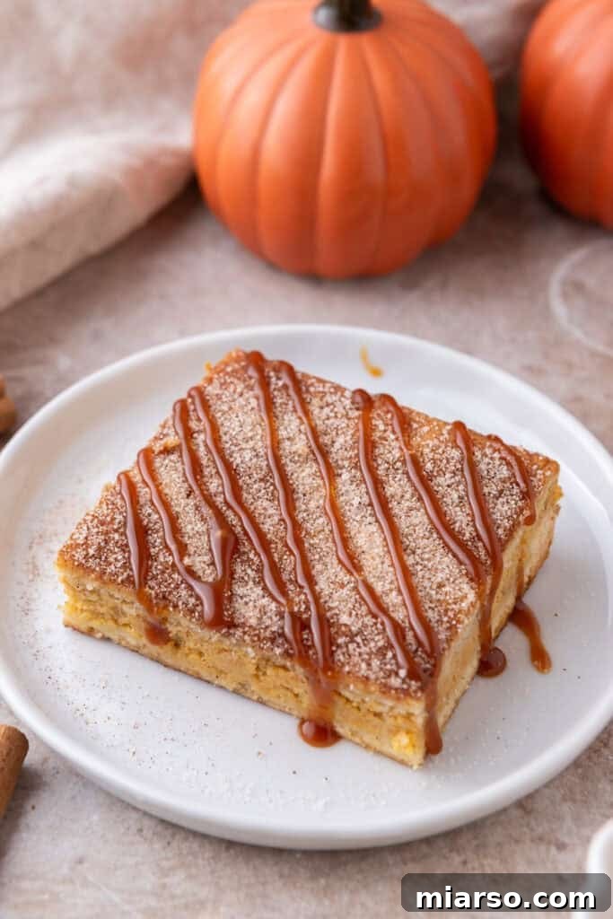 Churro pumpkin cheesecake bars on a plate, showcasing their inviting golden crust and creamy filling