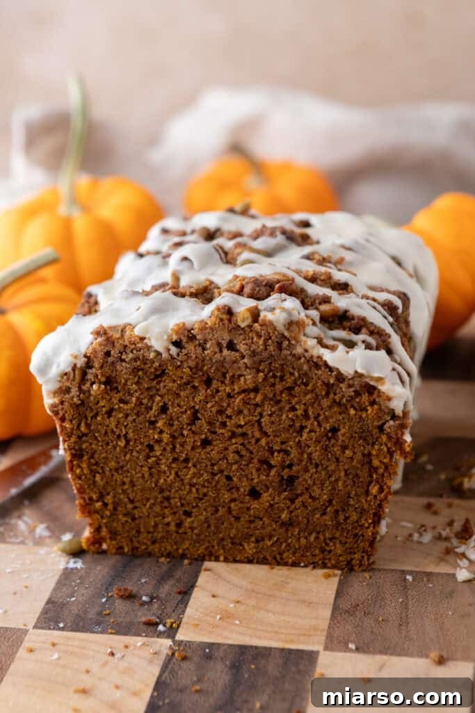 Warm Autumn Pumpkin Streusel Loaf 16 Streusel Pumpkin Bread side shot