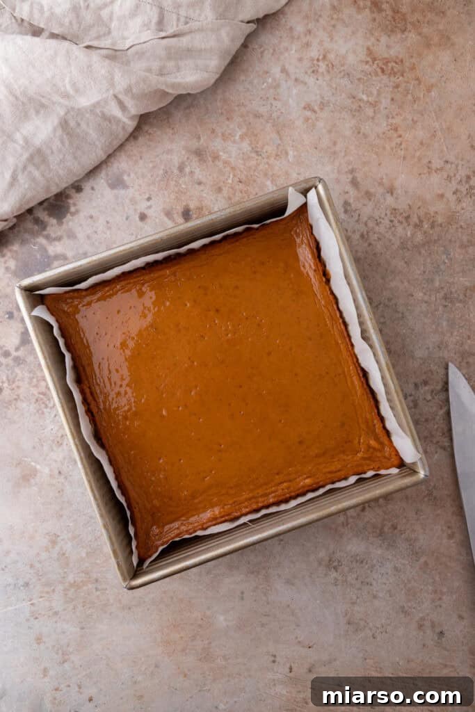The fully baked sweet potato pie bars, with a set filling and golden-brown crust, cooling in the pan after coming out of the oven.