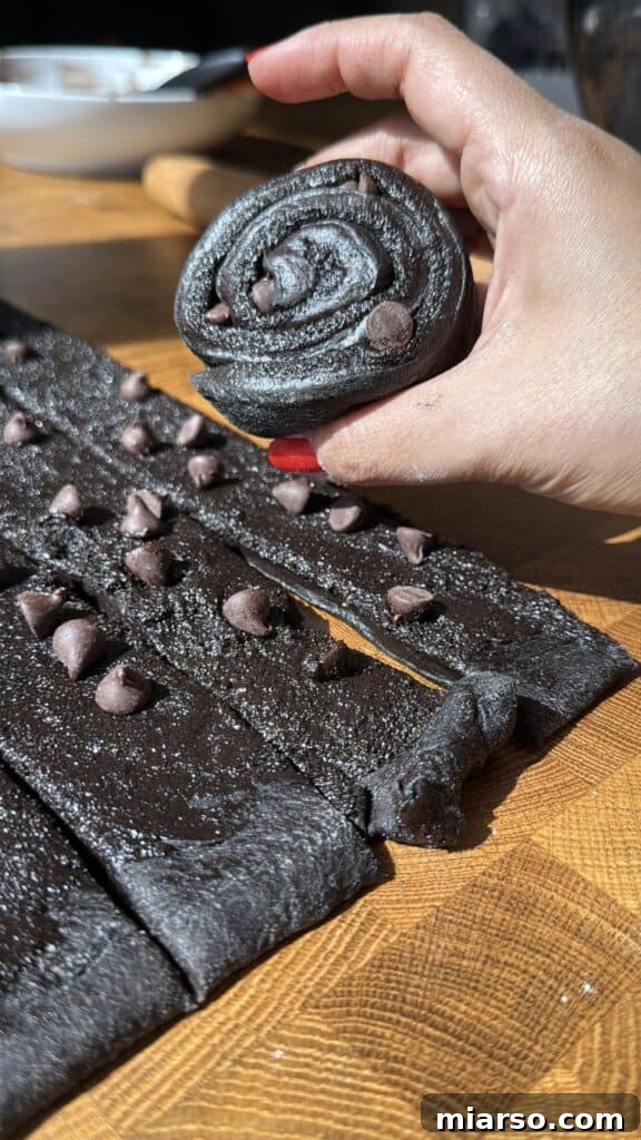 Hand holding black cocoa cinnamon roll