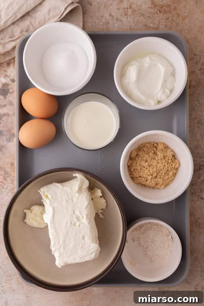 Close-up of key ingredients like brown sugar, vanilla extract, and eggs, essential for the creamy cheesecake and rich pecan topping.