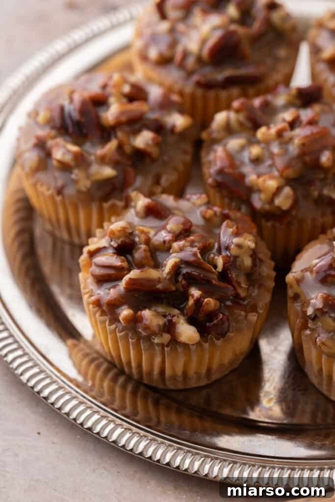 A stunning close-up of a Mini Pecan Pie Cheesecake on a white plate, showcasing its rich pecan topping and creamy texture.