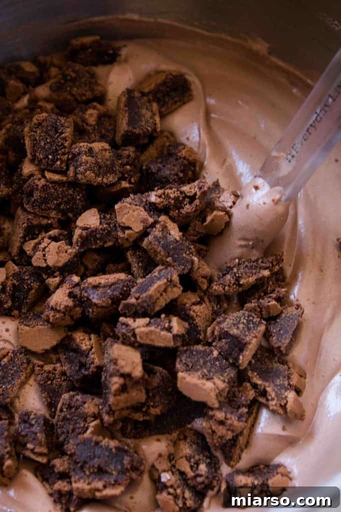 Stages of making chocolate no churn ice cream, showing ingredients and mixing process.
