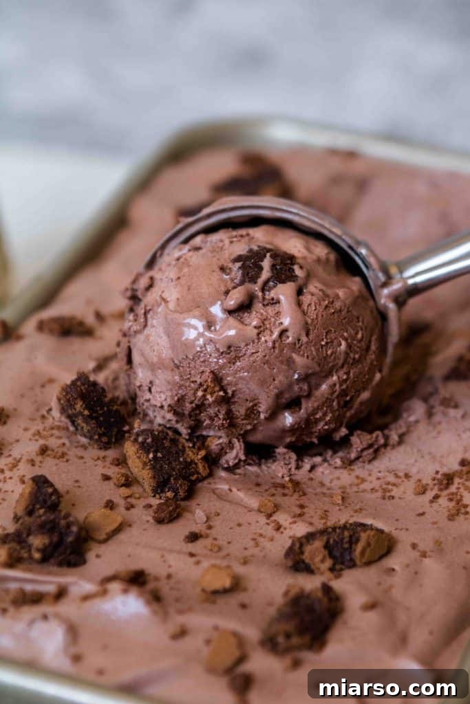 Close-up of no churn brownies ice cream with scoops.