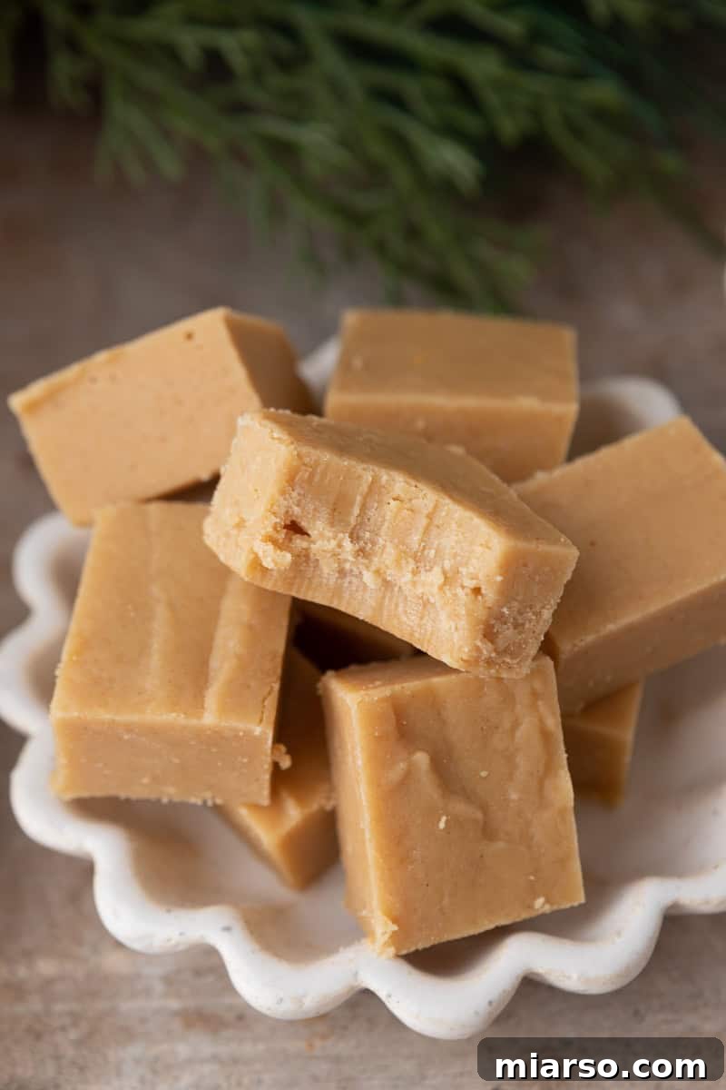 A plate featuring creamy, melt-in-your-mouth microwave peanut butter fudge squares.