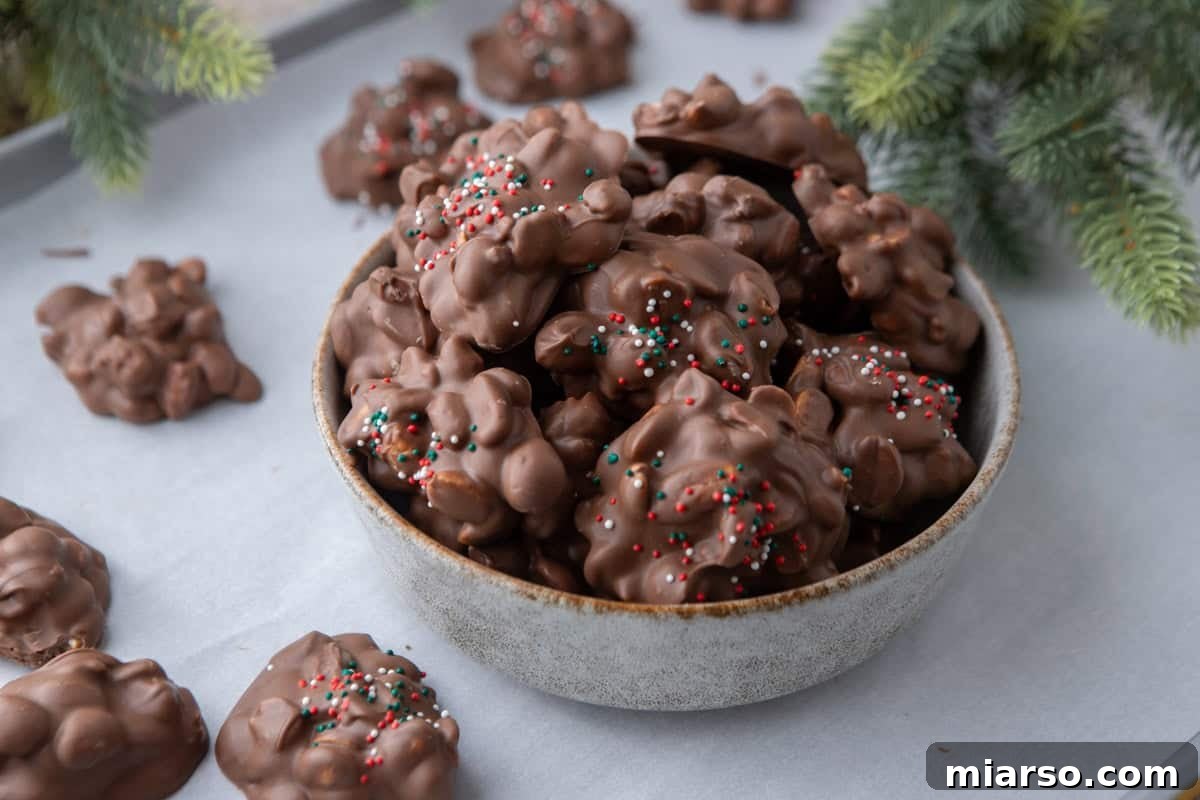 Effortless Slow Cooker Chocolate Peanut Clusters 2 A beautiful bowl brimming with chocolate crockpot candy peanut clusters, each adorned with vibrant Christmas sprinkles, ready to be enjoyed as an easy holiday treat.