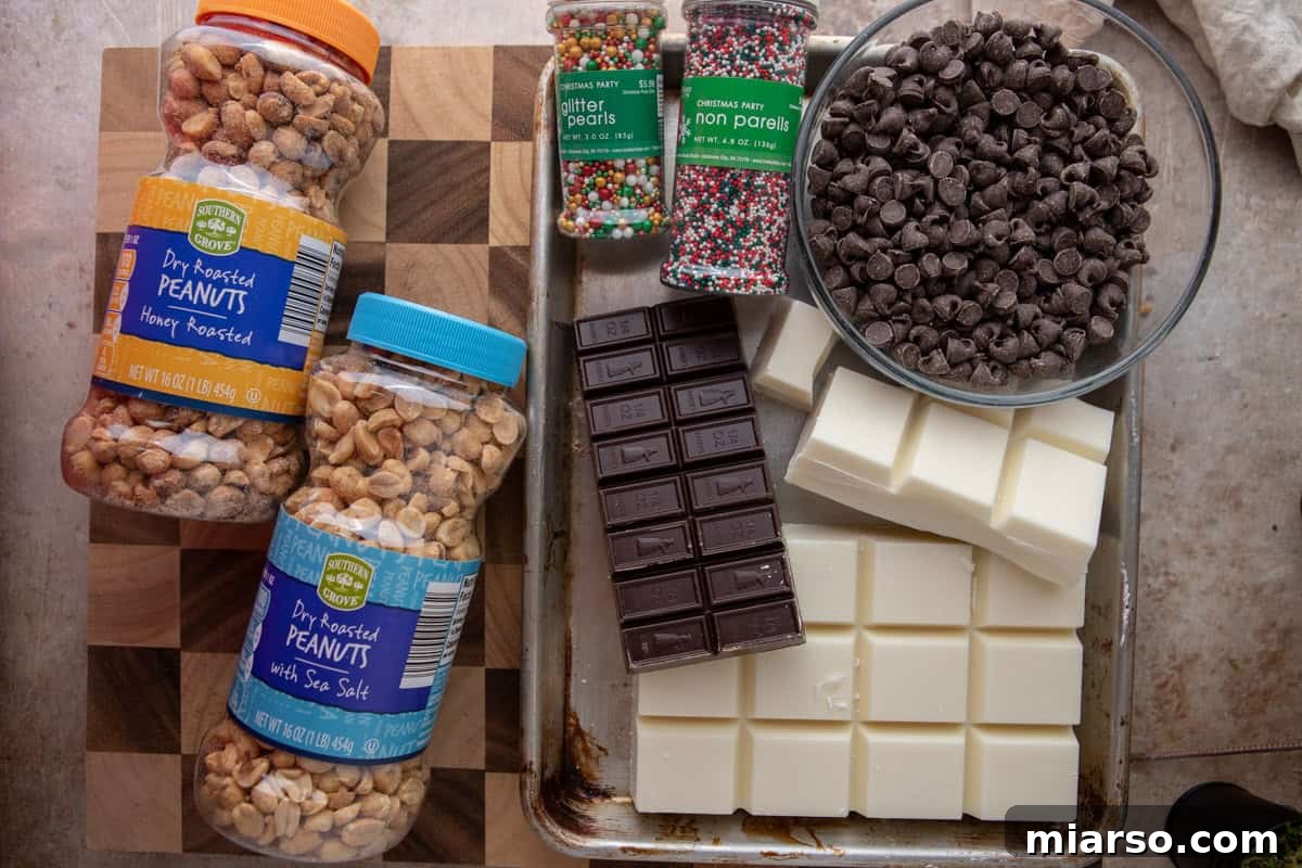Effortless Slow Cooker Chocolate Peanut Clusters 3 Essential ingredients for Crockpot Candy laid out, including a variety of peanuts, almond bark, German chocolate, semi-sweet chocolate chips, and colorful holiday sprinkles.