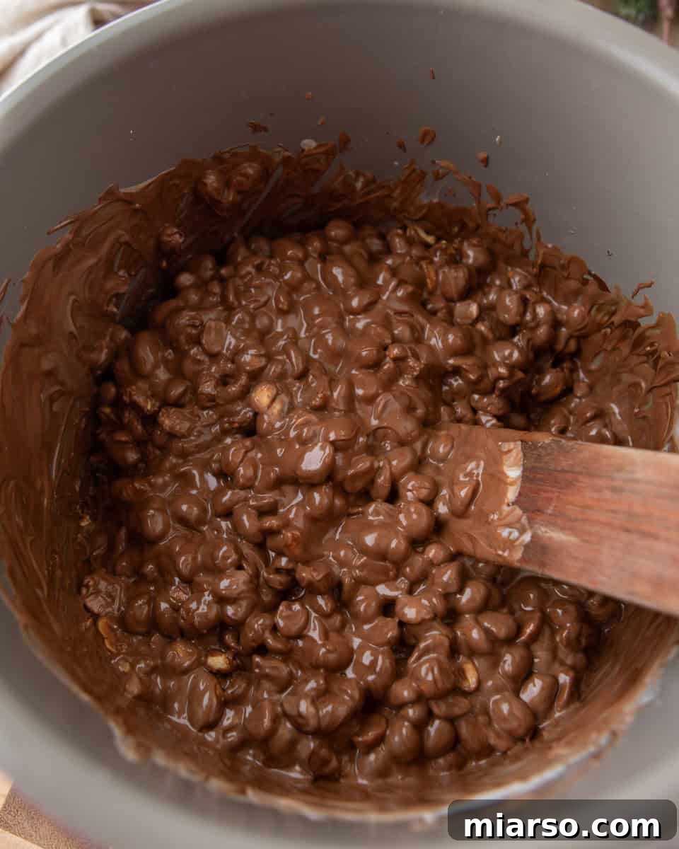 Effortless Slow Cooker Chocolate Peanut Clusters 5 The chocolate and peanuts thoroughly melted and stirred together to a smooth consistency within the slow cooker, ready for scooping.