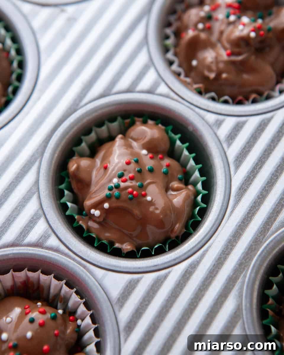 Effortless Slow Cooker Chocolate Peanut Clusters 8 Perfectly portioned crockpot candy clusters nestled in mini cupcake liners, adorned with festive Christmas sprinkles, ready for gifting.
