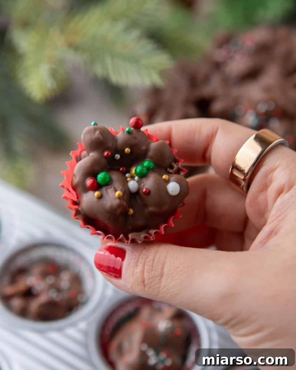 Effortless Slow Cooker Chocolate Peanut Clusters 9 A close-up of a hand holding a mini crockpot candy bite, elegantly presented in a red cupcake liner and topped with festive sprinkles.